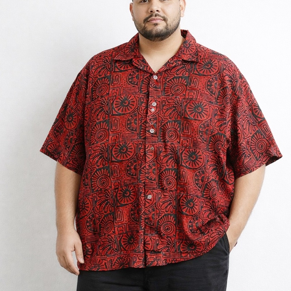 Johari West Natural Leisure Wear Button-Up Hawaiian Shirt Red & Black Men’s 2XL